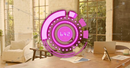 Hovering magenta hologram displaying 642 above wooden table in home office, with laptop and tablet