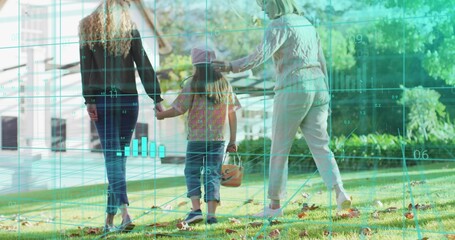Walking family trio across lawn, child carrying bucket, adults adjusting pink cap, digital overlay