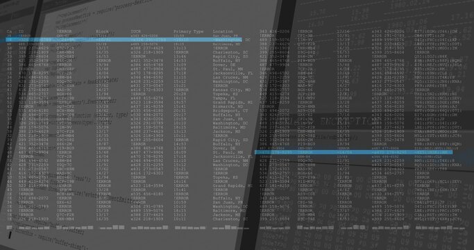 Displaying two angled computer monitors showing terminal tabular text at desk, with blue bars