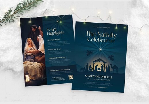 Christmas Nativity Play Flyer & Poster Template with Illustration of Jesus in the Manger, Mary, Joseph & Three Wise Men