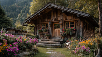 A rustic wooden cabin nestled in a lush forest with vibrant flowers and a stone pathway leading up to it