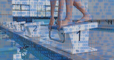 Leaning woman swimmer gripping block1 at pool in one-piece, block2, blue binary overlay, copy space