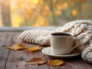 A hot cup of coffee sits on a wooden table with a cozy knitted blanket and autumn leaves in the background.