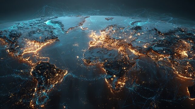Stunning world map visualization showcasing global connectivity and digital network data flow for telecommunications and technology companies