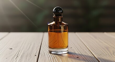 Elegant glass perfume bottle with golden liquid on rustic wood surface, capturing luxury and allure for beauty and fragrance marketing campaigns