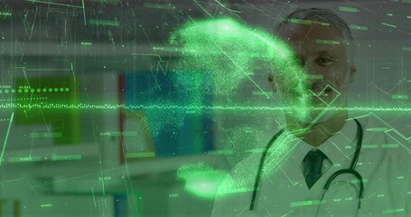 Standing doctor wearing white lab coat and stethoscope in clinic, green data hologram, copy space