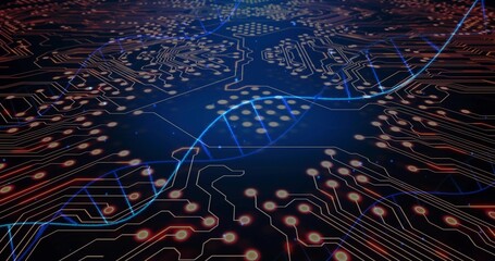 Weaving glowing blue double helix ribbon traversing virtual circuit-plane, with orange-red nodes
