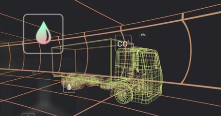 Displaying wireframe flatbed truck model rotating inside neon tunnel, showing CO2 and droplet icons