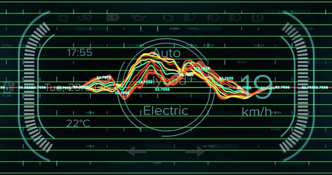 Fototapeta Displaying digital cluster on car dashboard showing central Electric Auto gauge, color waves, speed
