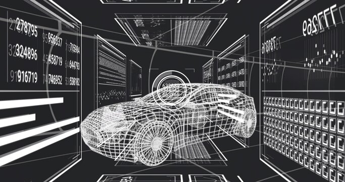 Fototapeta Displaying wireframe sports car rotating inside virtual lab, with HUD reticle and data panels