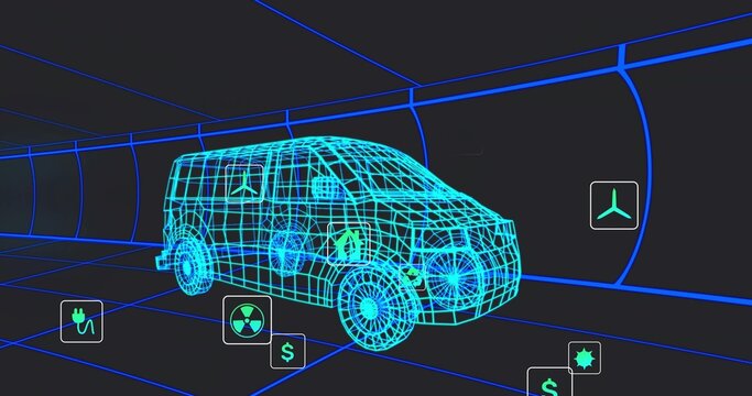 Rotating cyan wireframe van moving through blue grid tunnel, showing floating icons near vehicle