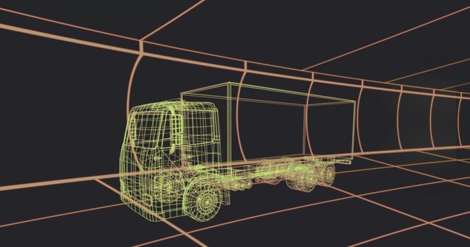 Presenting wireframe box truck in neon green inside virtual 3D tunnel grid, showing vanishing lines