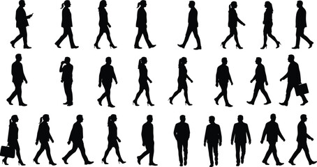 Silhouettes of walking people, diverse postures, urban motion, business attire, casual outfits, human movement, pedestrian activity, character design, animation reference, 