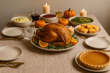 Festive Thanksgiving Dinner Table with Roasted Turkey
