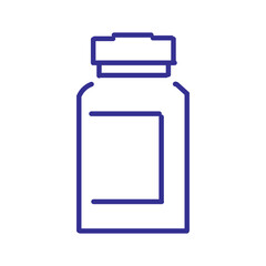 Simple blue line art illustration of a medical vial with a blank label