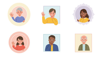 Diverse Avatars Set: Multicultural People Waving and Smiling Out of Frames. Friendly Vector Illustration of Senior Citizens and Young Adults Profile Portraits.