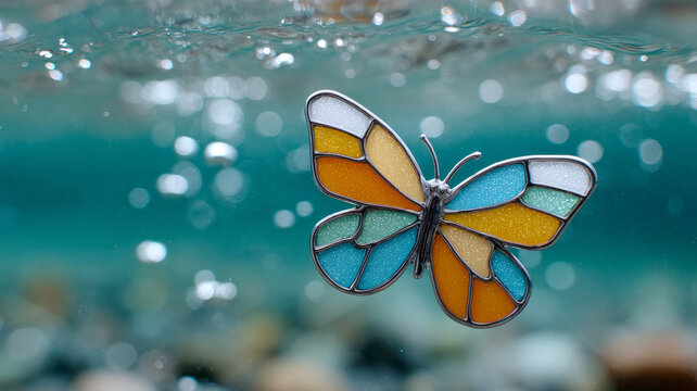 Stained glass butterfly underwater with bubbles.