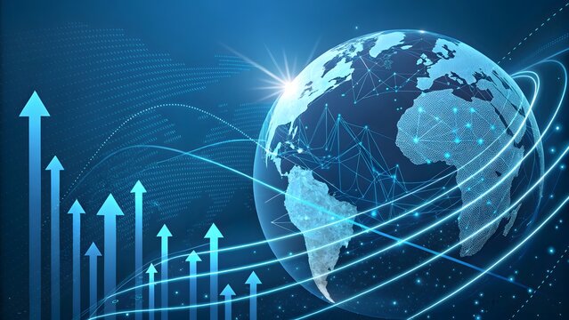 Global business growth concept with digital earth and rising arrows, representing international market expansion and economic progress in a connected world