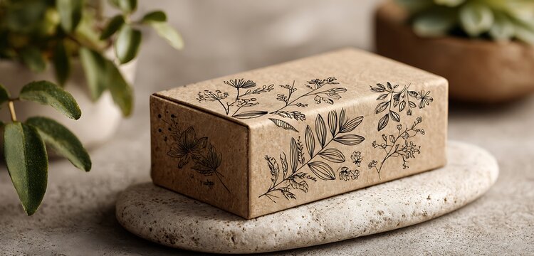 Craft soap box mockup with hand-drawn graphics and eco paper texture on stone base