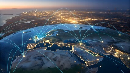 Global network connection with glowing lines over earth at night, representing international communication, technology, and interconnected world