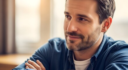 A thoughtful man with a gentle smile sitting indoors near a window, enjoying a moment of calm and reflection in a cozy environment