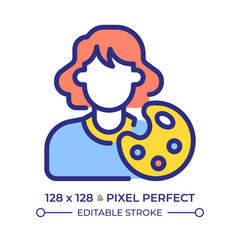 Woman artist pixel perfect line color icon. Female holding paint palette. Drawing paintings job. Creative profession. Isolated vector illustration. Flat colorful symbol design. Editable stroke