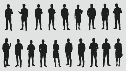 Diverse Standing People Silhouettes Collection Vector Set. Various Poses of Men and Women for Business, Architecture, and Graphic Design Projects