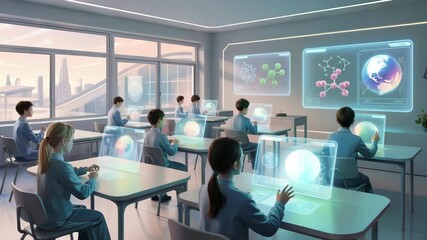 Futuristic classroom with children learning science using holographic displays and interactive - Powered by Adobe