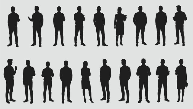 Diverse Standing People Silhouettes Collection Vector Set. Various Poses of Men and Women for Business, Architecture, and Graphic Design Projects