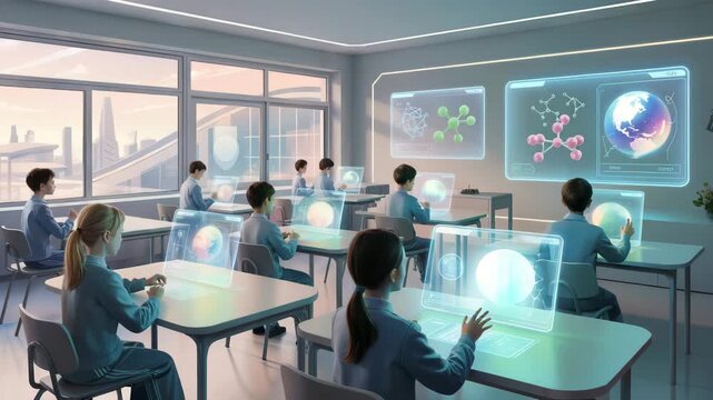 Futuristic classroom with children learning science using holographic displays and interactive - Powered by Adobe