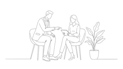 Continuous Line Drawing of Business Meeting or Job Interview. Professionals Discussing Data on Tablet