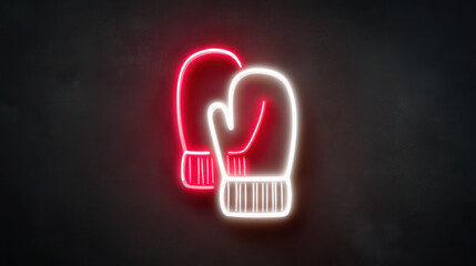 Neon glowing mittens in red and white colors against a dark background, creating a cozy and festive atmosphere for winter celebrations