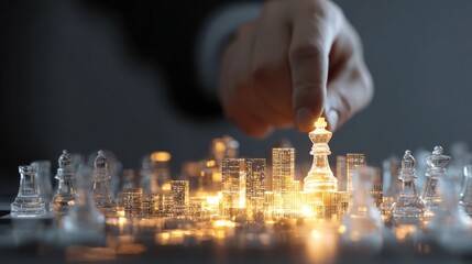 Hand placing glowing chess king on futuristic city symbolizing digital strategy and leadership