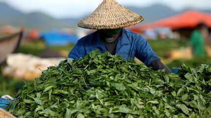 A person wearing a straw hat and blue shirt is sorting through a large pile of green leaves.