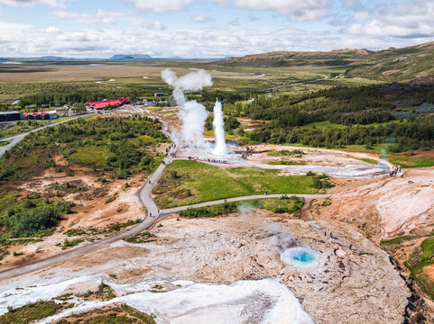 Aerial view of Strokkur Geyser erupting, Geysir, Iceland