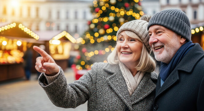 Senior couple enjoying festive atmosphere at Christmas market, pointing and smiling, surrounded by holiday decorations and twinkling lights