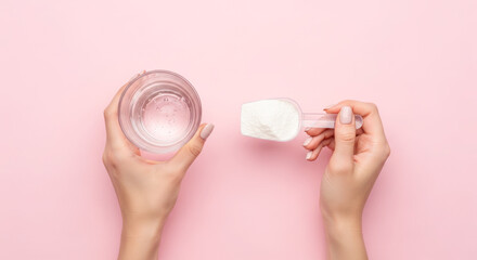 Hands holding a scoop of collagen powder and a glass of water on a pink background, illustrating health and wellness concepts for dietary supplements
