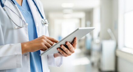Medical professional in white coat using digital tablet in hospital corridor, showcasing modern healthcare technology and patient care efficiency