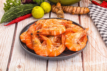 Tasty hot big boiled prawns