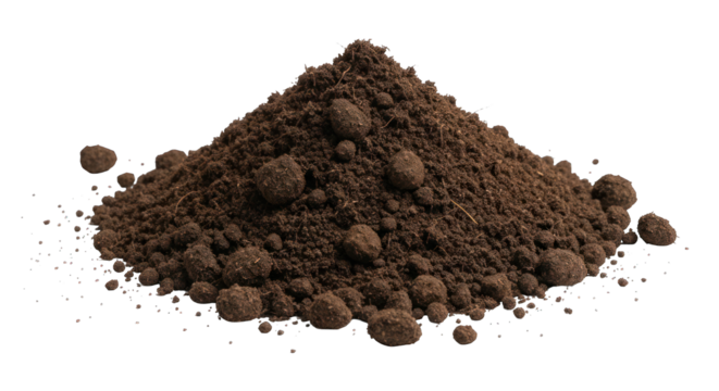Brown soil pile, detailed texture, isolated on black background