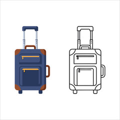 Blue rolling suitcase with brown accents and yellow zippers