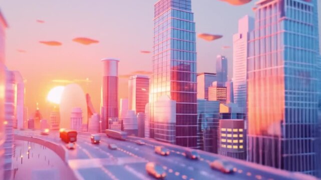 3d isometric low-poly clay illustration of a city with sunset light Videos