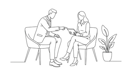 Business Professionals Meeting and Discussion Line Art Vector Illustration. Man and Woman in Office Consultation with Digital Tablet