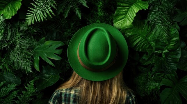 A person wearing a green hat and plaid shirt is surrounded by lush green foliage.