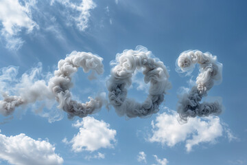 Smoke forms the letters CO2 in the blue sky during a bright day with clouds
