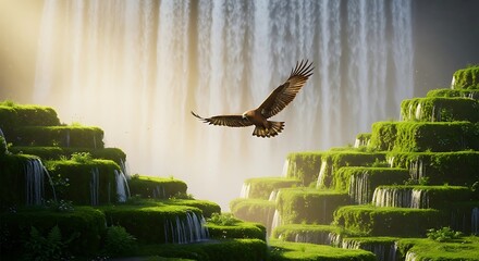 Golden eagle soaring over a lush, green terraced landscape near waterfall