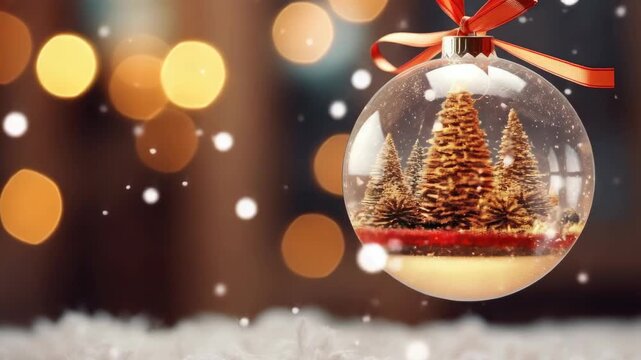 A glass ornament with a red ribbon and three trees inside. The ornament is hanging from a string