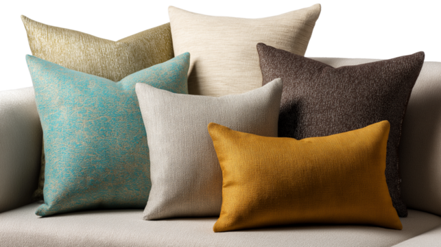 A collection of decorative throw pillows in various colors and textures on a sofa on transparent background