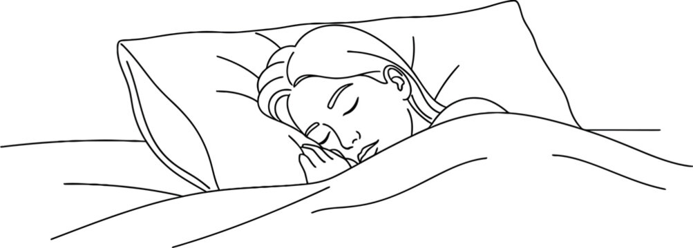 Peaceful Woman Sleeping in Bed Line Art Vector Illustration
