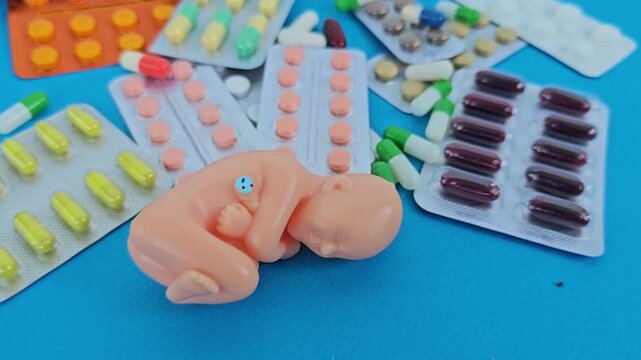 Fetus medicine embryo model and treatment concept for classroom teaching. Vitamin medical drugs for fetus